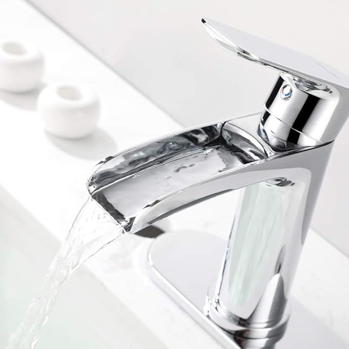 NEWATER Waterfall Spout Bathroom Sink Faucet Basin Mixer Tap Polished Chrome Single Handle with Pop-Up Drain & Supply Hoses