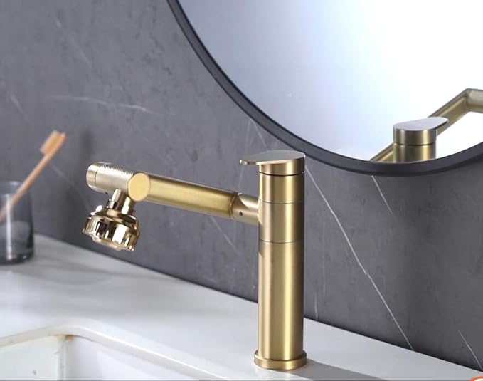 Bathroom Faucet Champagne Gold 1080 Degree Swivel Lavatory Basin Sink Faucet 1 Handle Big Angle Spray Aerator Spout Extender Universal Rotating Splash Filter 2 Water Outlet Modes