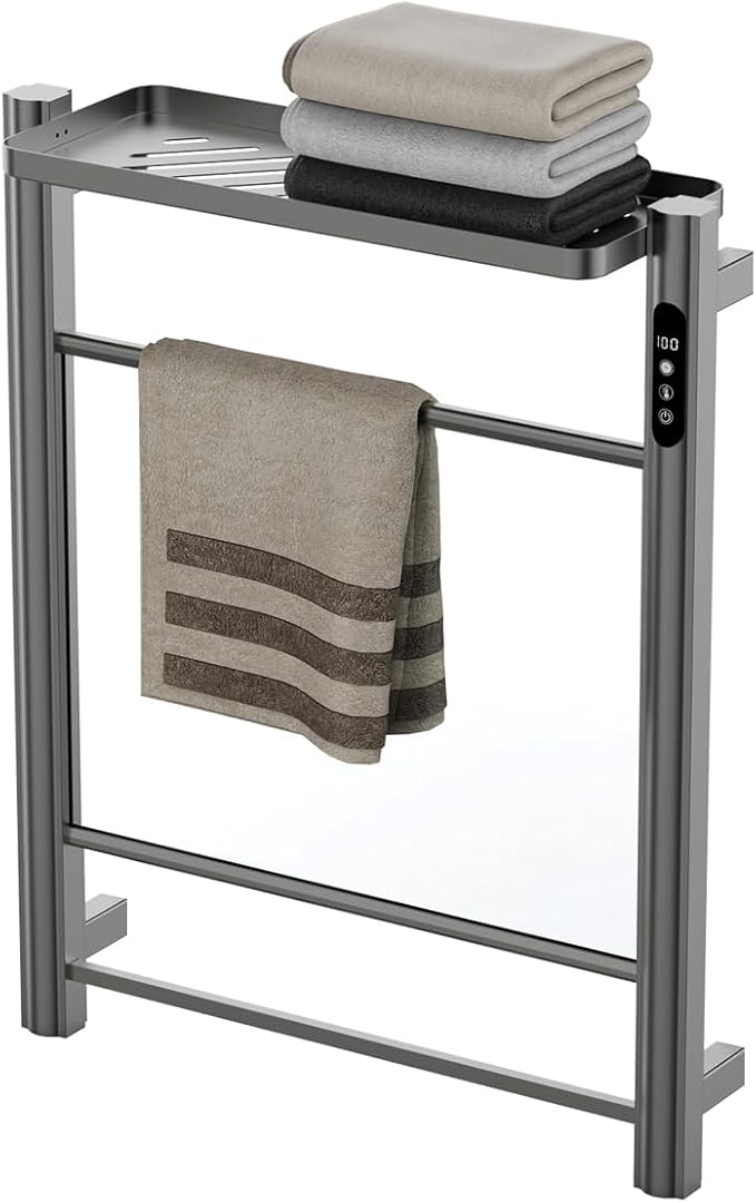 Electric Heated Towel Rack, Wall Mounted Glass Towel Warmer for Bathroom, Fast Heating Grey Towel Dryer, Energy Saving Home Spa Heater with Overheat Protection 130W