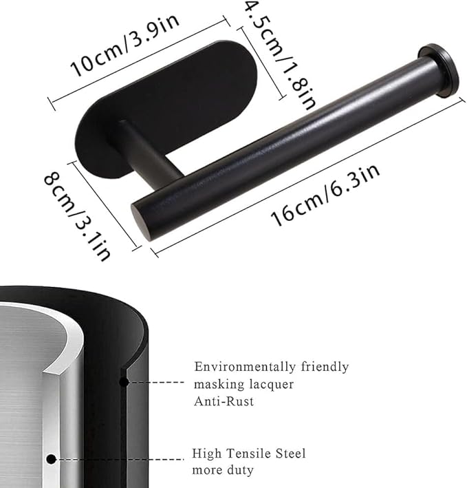 2 Pack Toilet Paper Holder Self Adhesive,Rustproof Adhesive Toilet Roll Holder No Drilling Tissue Holder for Kitchen Bathroom Tissue Holder Bathroom, Kitchen, Washroom Wall Mount （Black