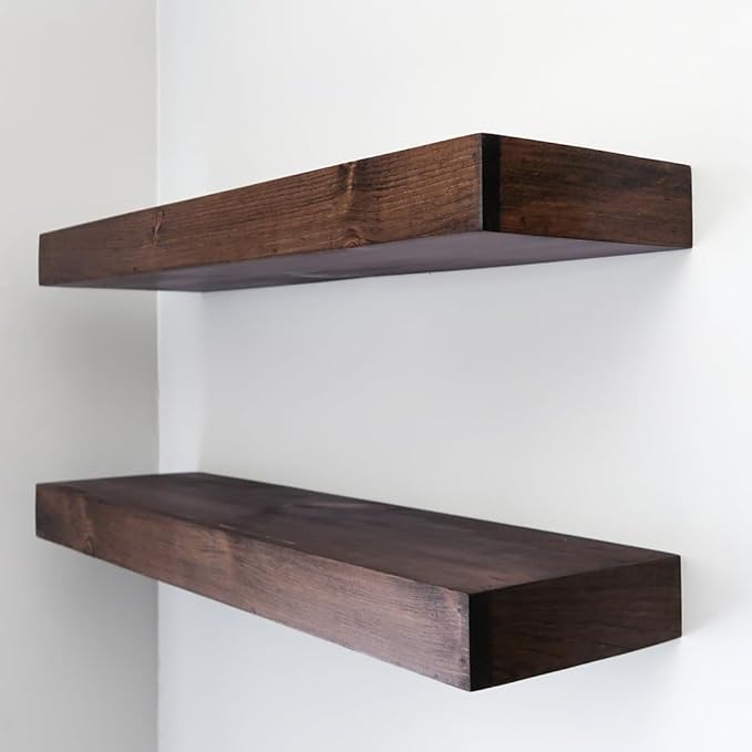Urbandi Modern Floating Shelves 3 Inches Thick for Wall, Wide Shelves for Kitchen, Living Room, Bedroom, and Bathroom, Natural Pine Wood, Rustic Wooden Shelf, (Set of 2) (Provincial, 24Lx3Hx8D)