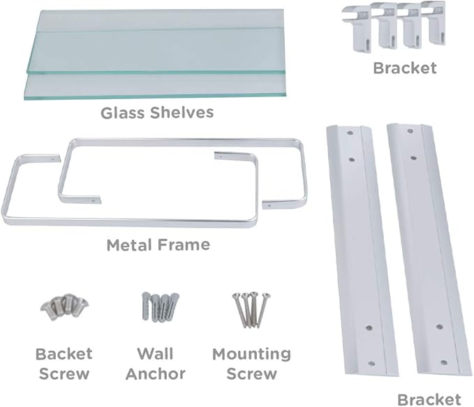 Comfecto 2-Tier Bathroom Glass Shelves, Wall Mounted Tempered Shelf Organizer Storage Holder with 14 Inch Rectangular Glass (8mm Thick) and Aluminum Rail for Shower Lavatory, Hardware Included