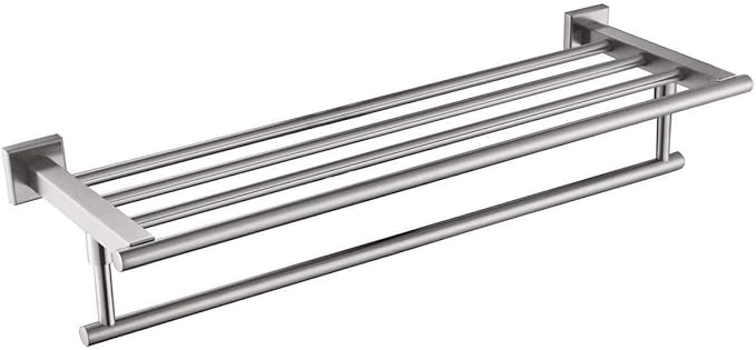 Premium Modern Single Hanging Quadruple Towel Rack Bar w/Square Base (24 Inches), Brushed Finish, Stainless Steel, Water and Rust Proof, Wall Mounted, Easy to Install