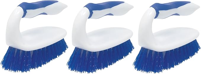 LOLA Iron Shaped Handled Scrub Brush, 3 Pack, Ergonomic Handle, No Slip Grip, Fiber Bristles, Heavy Duty Tile & Floor Cleaner