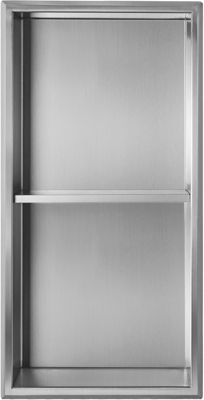 12"×24" Shower Niche with Divider, Brushed Stainless Steel Bathroom Shelf Insert, Double Recessed Shower Caddy Fits for 10-7/8" x 22-7/8" Wall Hole Installation (Nickel)