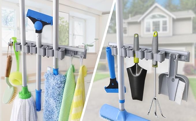 DrDirt Broom Holder Wall Mount – Heavy Duty Aluminum Mop and Broom Organizer with 3 Slots & 4 Hooks, Strong Wall Mounted Storage for Kitchen, Bathroom, Laundry Room, Garage, Closet