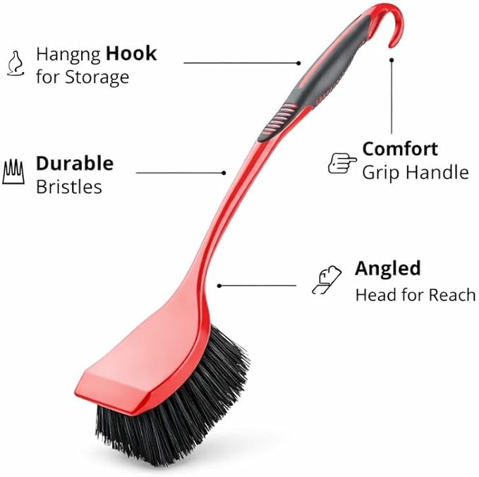 High Power Scrub Brush, Red & Black Heavy Duty Cleaning Brush with Long Handle, 3.75 Inch Wide Bristles for Bathroom, Kitchen, Tile, Grout & Tough Messes