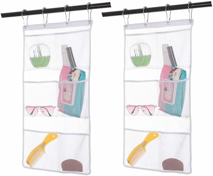 Bsagve 2 Pack Mesh Hanging Caddy Organizer with 6 Pockets, Shower Curtain Rod Liner Hanging Storage Pockets Bathroom Hanger, Bath Toy Holder