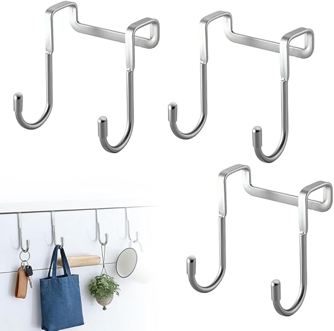 Over Door Towel Rack, Heavy Duty Door Hooks for Hanging, Stainless Steel Double Hanger for Kitchen Bathroom, Removable Wardrobe Door Hook for Dorm Room, Space Saving Cabinet Door Hanger (3PCS)