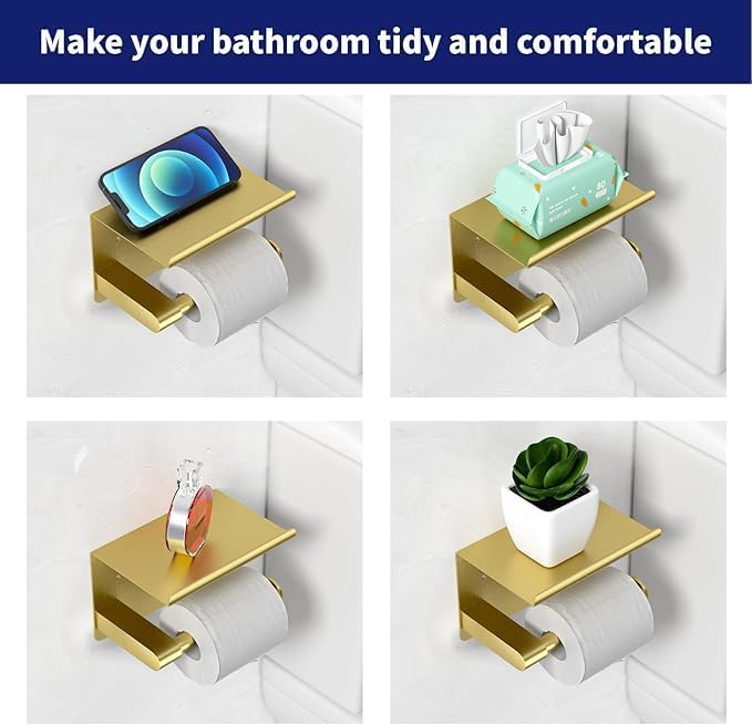 Adhesive Toilet Paper Holder with Phone Shelf Paper Tissue Holder Storage Stainless Steel Wall Mounted Toilet Roll Holder Dispenser,Paper Holder with Shelf Bathroom Organizer Gold