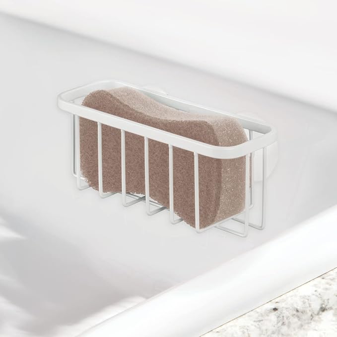 iDesign Rust-Resistant Stainless Steel Sponge Holder for Kitchen Sink with Suction Cups, The Gia Collection - Set of 1, Pearl White