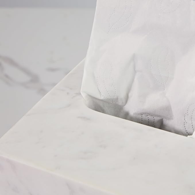 White Marble Tissue Holder, Removable Square Tissue Box with Acrylic Board Bottom, Natural Marble Napkin Box, Premium Tissue Holder Cover for Bathroom, Living Room, Bedroom, Office, Toilet