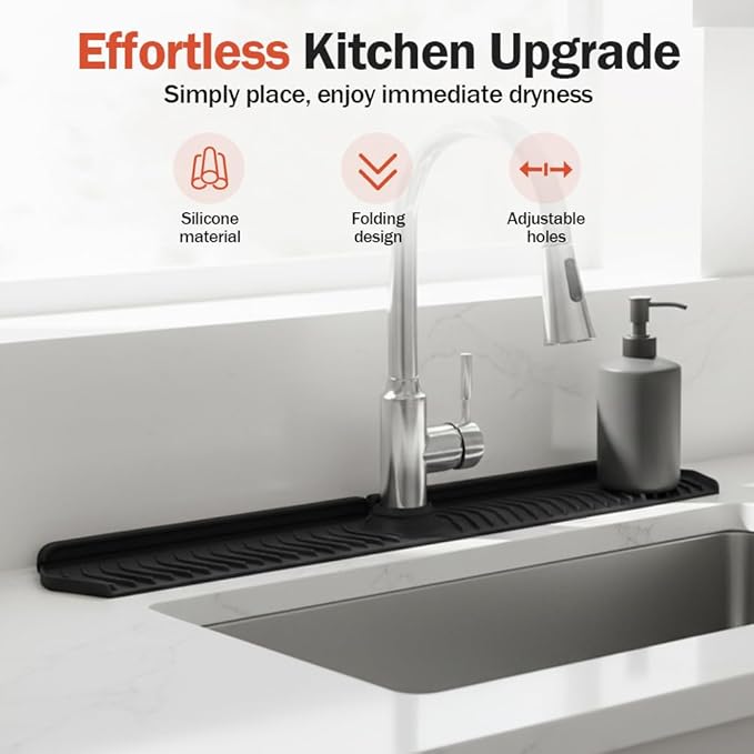 Kitchen Sink Faucet Mat, 30in Extra Long Foldable Silicone Faucet Guard & Splash Guard, 2026 Multi-Functional Draining Mat to Keep Countertops Dry, Protect Backsplash from Splash (Beige)