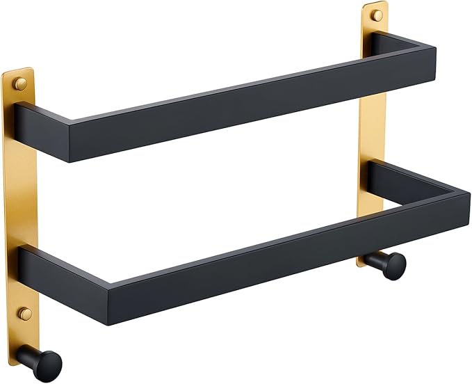 16 Inch Double Towel Bar with Hooks Black & Gold, Wall Mounted Towel Holder for Kitchen Bathroom, Stainless Steel Towel Rack