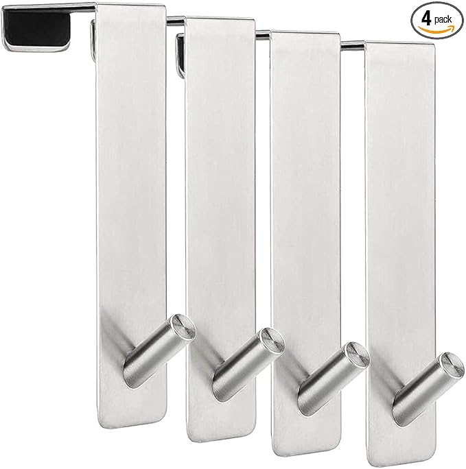 ARTOYS Over The Door Hooks (4 Pack) - Fits 1.75" Thick Doors - Heavy Duty 304 Stainless Steel - Holds 50Lbs per Hook - Silver - Single Door Hooks for Office, Bedroom