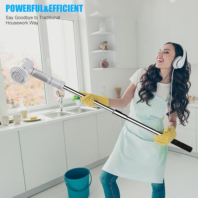 Electric Spin Scrubber, Scrub Brush Dual Speed, Power Shower Scrubber with 6 Replacement Head, Cordless Cleaning Brush with Extension Handle for Bathtub Grout Tile Floor, White