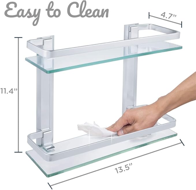 Comfecto 2-Tier Bathroom Glass Shelves, Wall Mounted Tempered Shelf Organizer Storage Holder with 14 Inch Rectangular Glass (8mm Thick) and Aluminum Rail for Shower Lavatory, Hardware Included