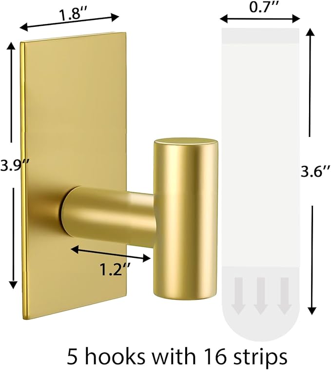 5 Pcs Towel Hooks Heavy Duty for Hanging，Adhesive Wall Hooks with Removable Strips，Sticky No Damage，Outdoor for Bathrooms，Shower，Stockings，Decor，Robe，X-Large，Gold 304 Stainless Steel