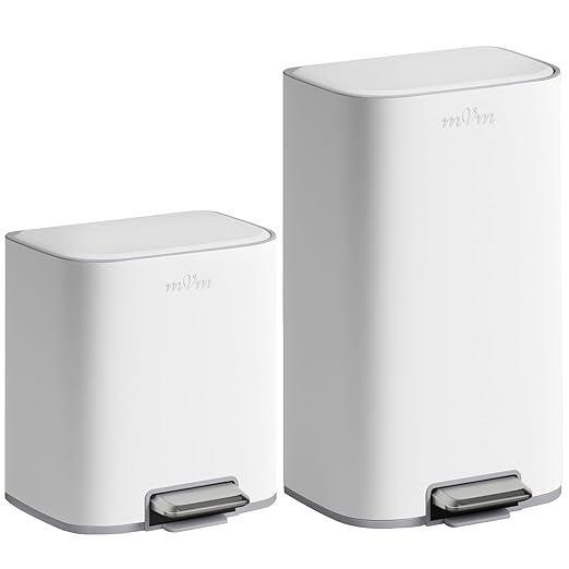 mVm Kitchen Trash Can, 8 Gallon Trash Can and 5.3 Gallon Set, Smooth Edge Garbage Bin for Home Office (White)