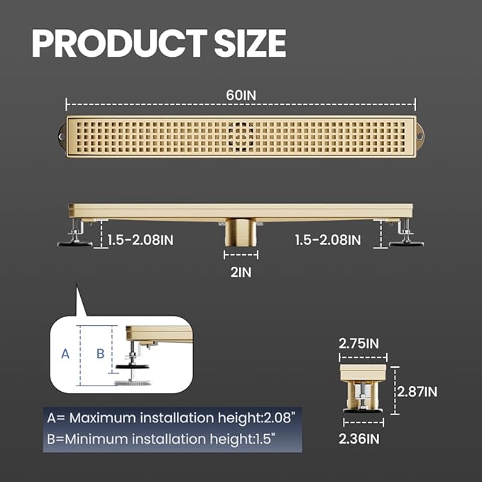 Linear Shower Drain 60 Inch Gold, Brushed AISI 304 Stainless Steel Shower Drain with Square Hole Panel, for Bathroom, Kitchen, Garage & More