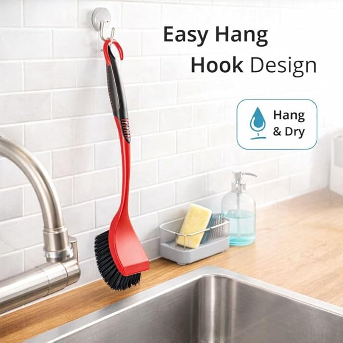 High Power Scrub Brush, Red & Black Heavy Duty Cleaning Brush with Long Handle, 3.75 Inch Wide Bristles for Bathroom, Kitchen, Tile, Grout & Tough Messes