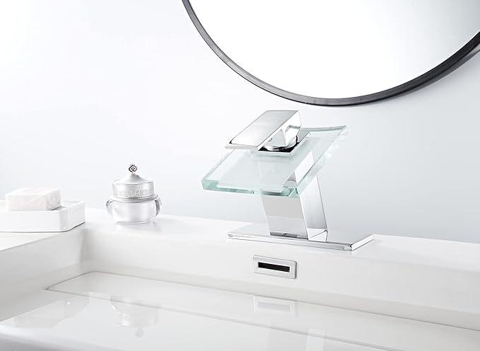 Waterfall Bathroom Faucet Glass Spout Modern Design One Handle Single Hole Basin Vanity Bathroom Sink Faucet Chrome Solid Brass Lavatory Bath Tap Commercial