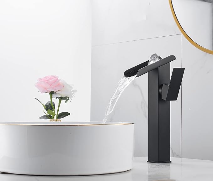 Waterfall Vessel Sink Faucet Bathroom Black Single Hole One Handle Brass Bowl Sink Faucets with Supply Line Deck Mounted Tall Lavatory Vanity Basin Tap Pedestal Commercial