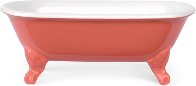 6.5" Ceramic Mini Decorative Clawfoot Bathtub Bar Soap Dish, Kitchen Sponge Holder and Shower Tray for Bathroom, 1 Pack(Coral)