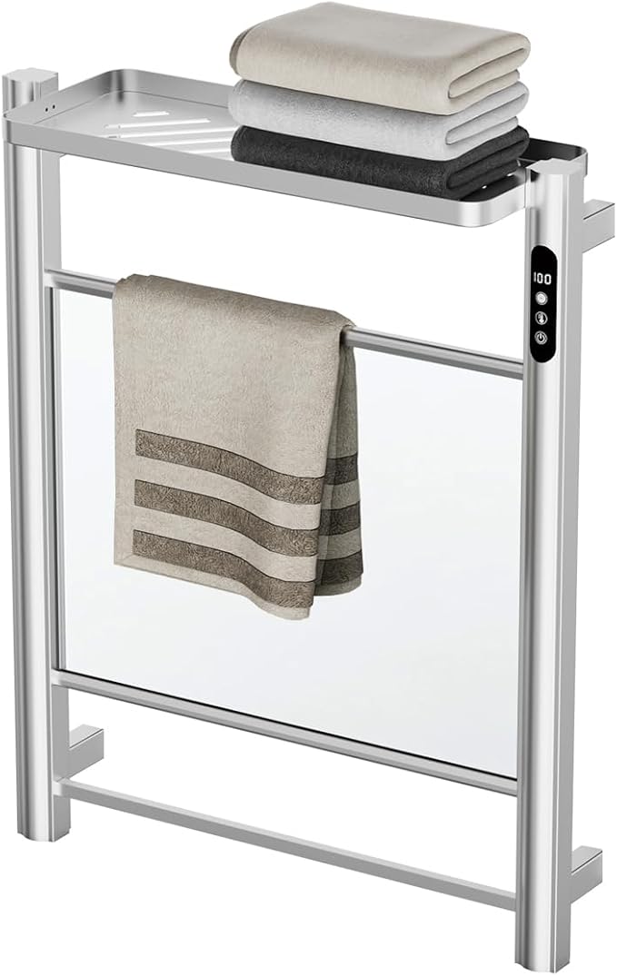 Electric Heated Towel Rack, Wall Mounted Glass Towel Warmer for Bathroom, Fast Heating Grey Towel Dryer, Energy Saving Home Spa Heater with Overheat Protection 130W (Silvery)