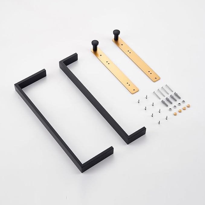 16 Inch Double Towel Bar with Hooks Black & Gold, Wall Mounted Towel Holder for Kitchen Bathroom, Stainless Steel Towel Rack