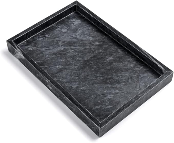 Black Marble Tray, Stone Bathroom Tray, Decorative Holder for Tissrue, Candle, Soap, Towel, Plant (Black - 10 x 6)