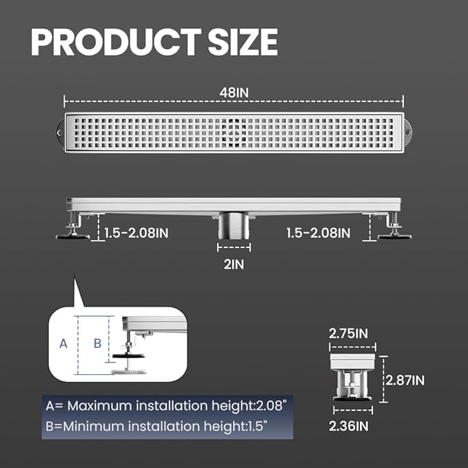 Linear Shower Drain 48 Inch, Brushed AISI 304 Stainless Steel Shower Drain with Square Hole Panel, for Bathroom, Kitchen, Garage & More