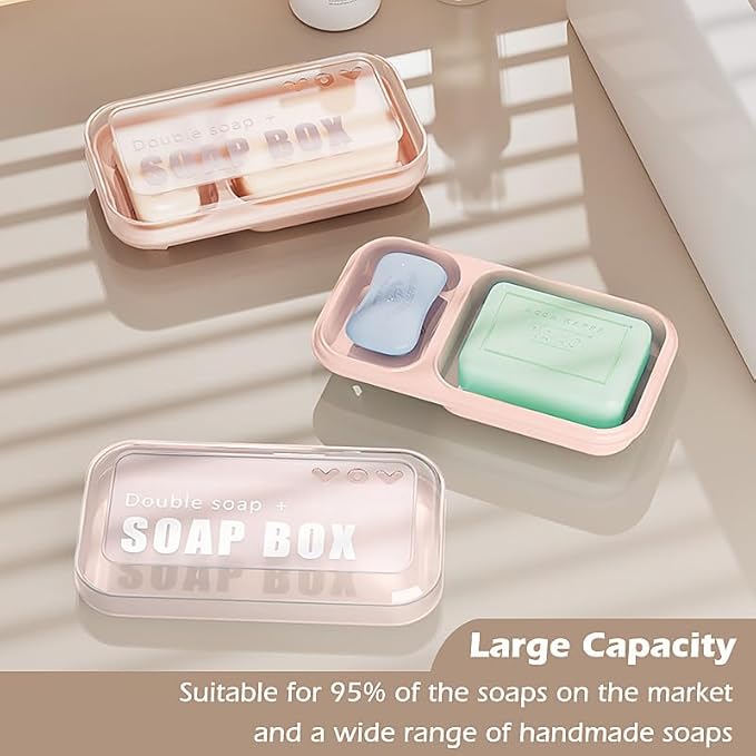 Large Dual Compartment Soap Dish with Lid & Drain Holes | Large Capacity Shower Organizer, Non-Slip Bathroom Soap Holder for 2 Bars - Durable PP Plastic, Prevents Melting (Pink)