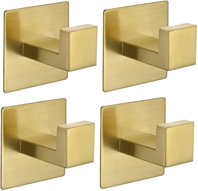 WOLIBEER Self Adhesive Towel Hook, Brushed Gold Bath Robe Hook 4 Packs No Drilling Stainless Steel Coat Hanger Sticky Wall Hook for Bathroom