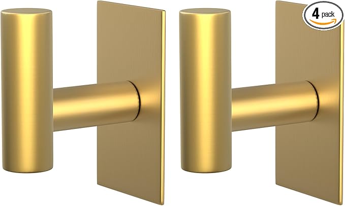 PMMASTO Adhesive Hooks, Matte Stainless Steel Sticky Hooks for Hanging, Self Adhesive Shower Wall Hooks, Towel Hooks Heavy Duty for Bathroom, Bedroom RV and Kitchen (Gold “T ”Shape 2PC-S)