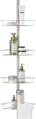 Zenna Home Tension Pole Shower Caddy Corner Organizer, Adjustable Standing Shower Caddy with 4 Baskets and Towel Bar, Rust Resistant Bathroom Tension Rod Organizer, 60 to 97 Inch, Satin Nickel