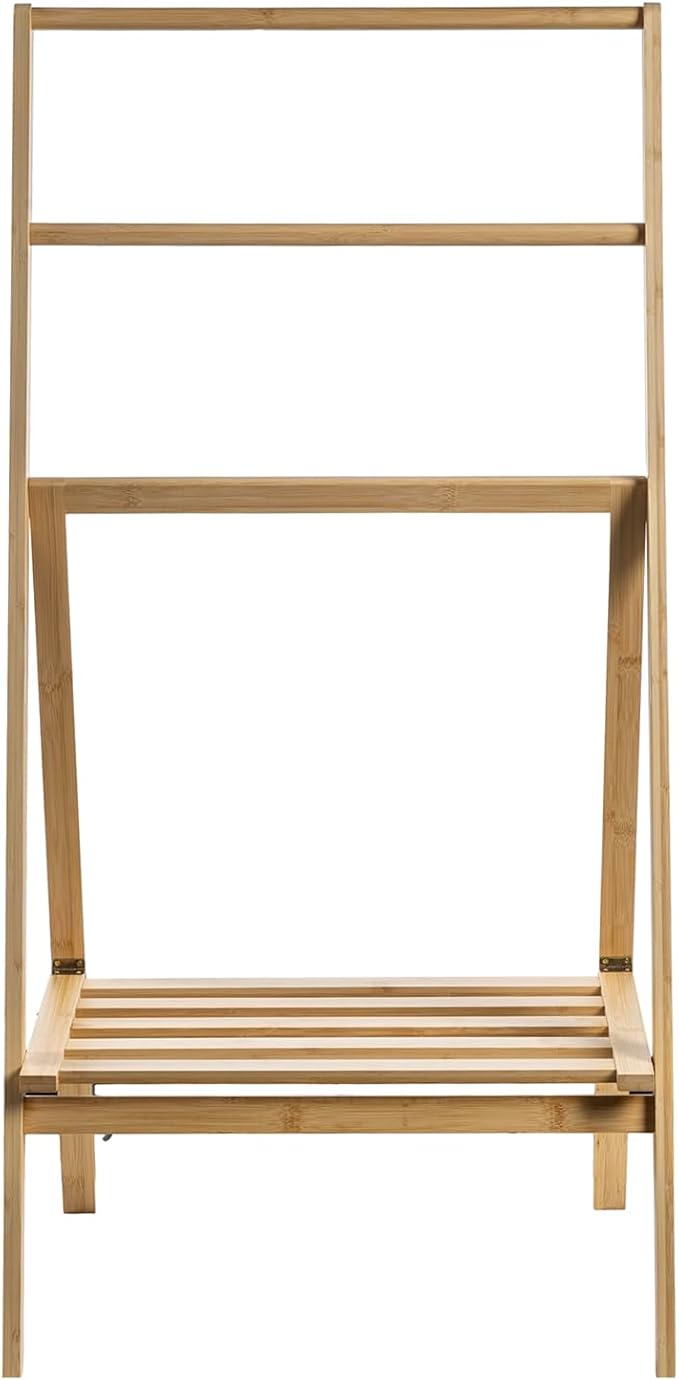 MyGift 43" H Free Standing Towel Rack, Foldable Solid Bamboo Drying Rack with Storage Shelf, Blanket Drying Rack for Towels Bathroom Accessories, Light Brown