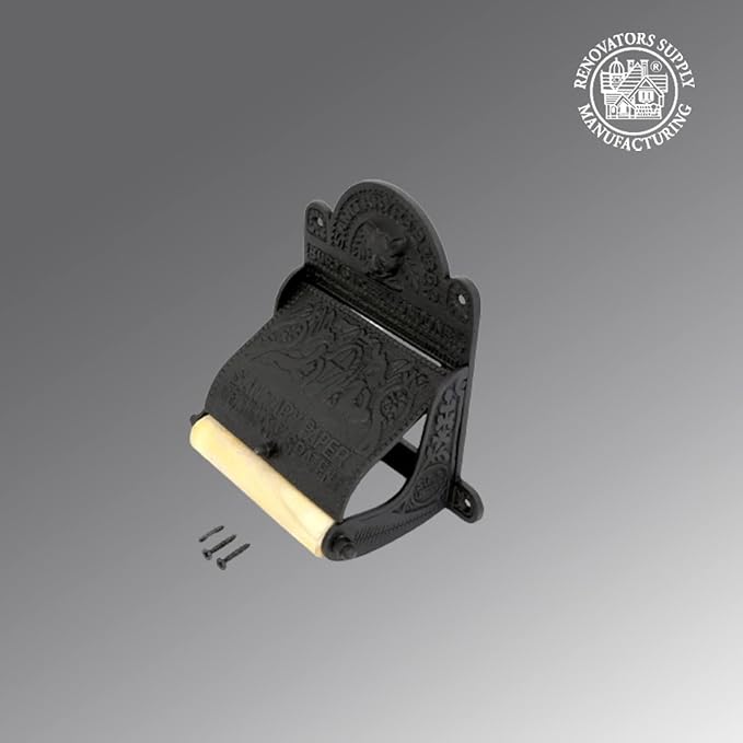 Renovators Supply Manufacturing Black Wall Mount Toilet Tissue Paper Holder 6.9" Wide Antique Ornate Victorian Style Solid Aluminum Rust Resistant Toilet Tissue Roll Holder Storage with Lid