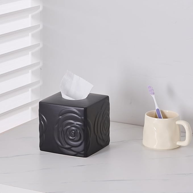 Black Ceramic Rose Tissue Box Cover, Carved Flowers Large Square Tissue Box Holder Decorative for Bathroom, Vanity, Kitchen Countertop, Bedroom Night Stands, Office Desk Top