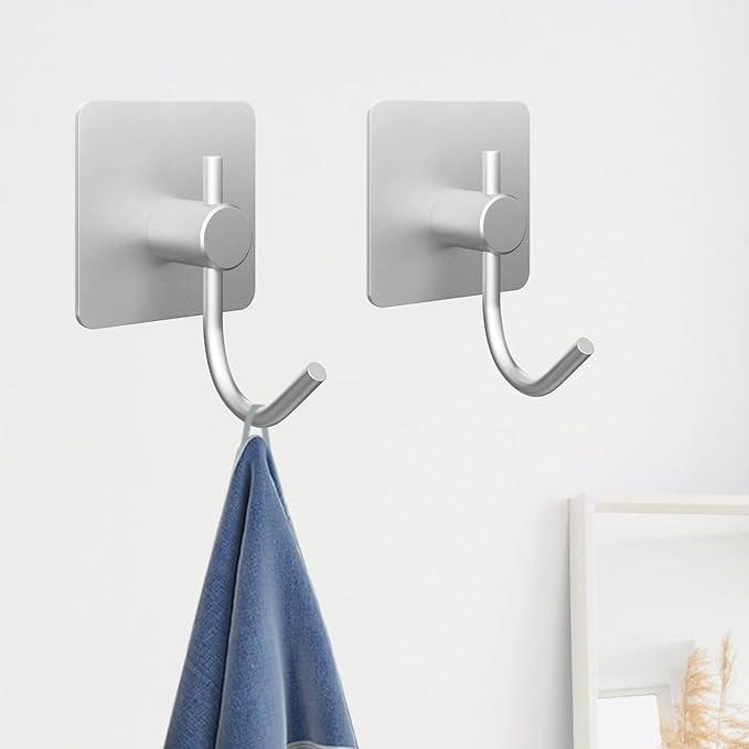 PMMASTO Aluminum Heavy Duty Wall Hooks - Coat, Towel, Robe Hanger - Shower, Bedroom, Bathroom, Kitchen - Silver (6 PC)