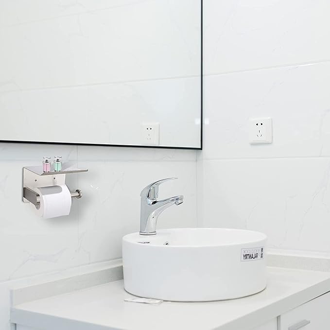 Adhesive Toilet Paper Holder with Phone Shelf Paper Tissue Holder Storage 304 Stainless Steel Wall Mounted Toilet Roll Holder Dispenser,Paper Holder with Shelf Bathroom Organizer(Brushed Nickel)