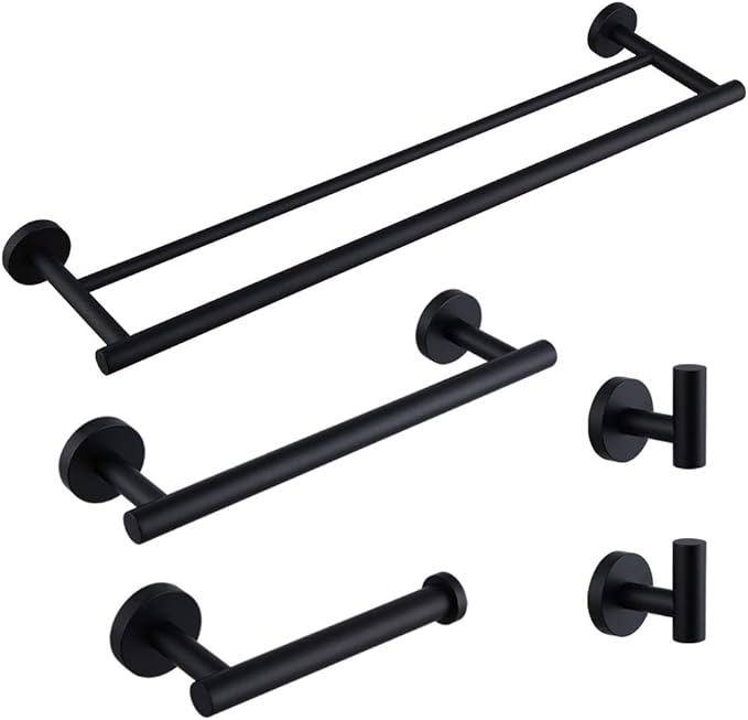 Matte Black Bathroom Accessories Kit 5-Pieces Bathroom Hardware Set Wall Mounted - Includes 24" Double Towel Bar, 12" Hand Towel Bar, Toilet Paper Holder, 2X Robe Towel Hooks …