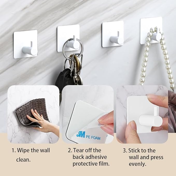 Miliocry 6 Packs Bathroom Towel Hooks, Adhesive Hooks Heavy Duty Wall Hook, Waterproof Stainless Steel Towel Hanger Robe Hat Coat Holder, Wall Mount Hooks for Bathroom,Bedroom,Kitchen(White-Square)
