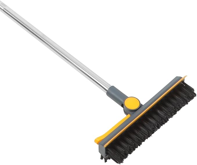 CLISPEED Shower Scrub Brush and Floor Brush with Stiff Bristles 2-in-1 with Stainless Steel Squeegee Blue-Yellow Hard Bristle for Grout and Floor Cleaning