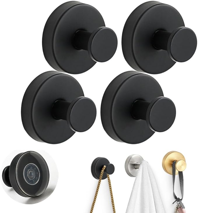 Suction Cup Hooks for Door Wreaths,2026 New No-Drill Hooks for Valentine's Decor,Stainless Steel Waterproof Suction Cup Hook,Holder Towel Hooks for Bathroom Wall,Kitchen,Glass,Tile (Black, 4 PCS)