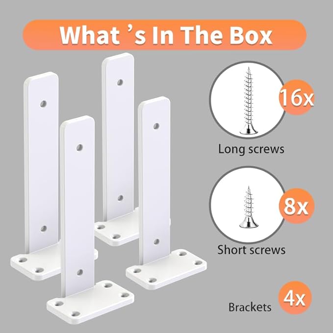 Floating Shelf Brackets upgraded, 8 inch, White Heavy Duty Iron Shelf Brackets, Industrial Modern Floating Shelf Support for Wall Mount Shelves,Wide Brackets ,4 Pack, Support DIY(5mm Thickening Type).