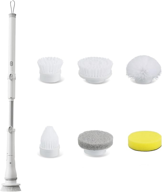 FixtureDisplays® 30-49" Adjustable Electric Spin Scrubber, Cordless Cleaning Brush with Extendable Arm 6 Replaceable Cleaning Heads, Power Shower Scrubber for Bathroom, Tub, Tile, Floor 15757-NF