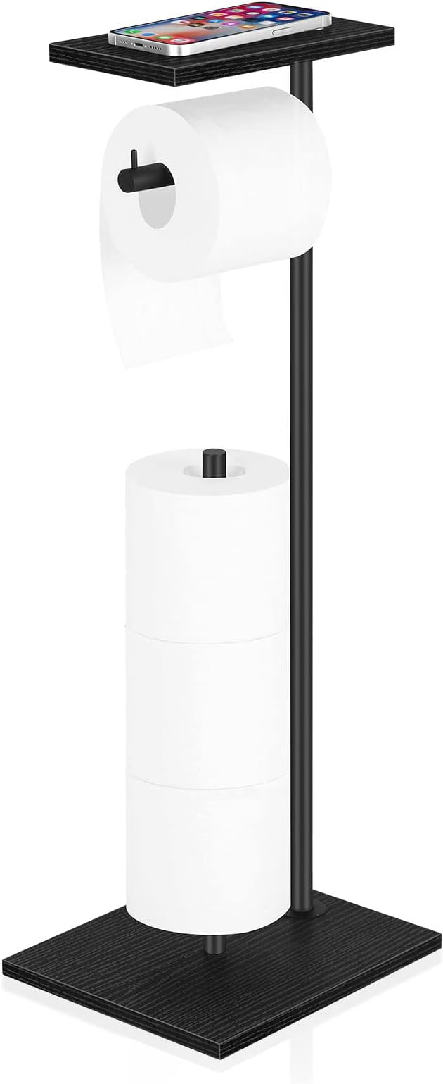 Black Toilet Paper Holder Stand Free Standing Toilet Paper Holder with Shelf Toilet Paper Storage Holder with Reserve for Bathroom Holds Wipe, Mobile Phone, Mega Rolls