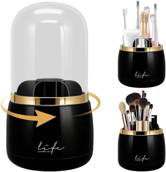Toothbrush Holders with Cover, Dustproof 360 Rotating 7 Slots Toothpaste Holder for Bathroom Organizer Countertop, Makeup Brushes Organizer, Bathroom Accessories (Black)
