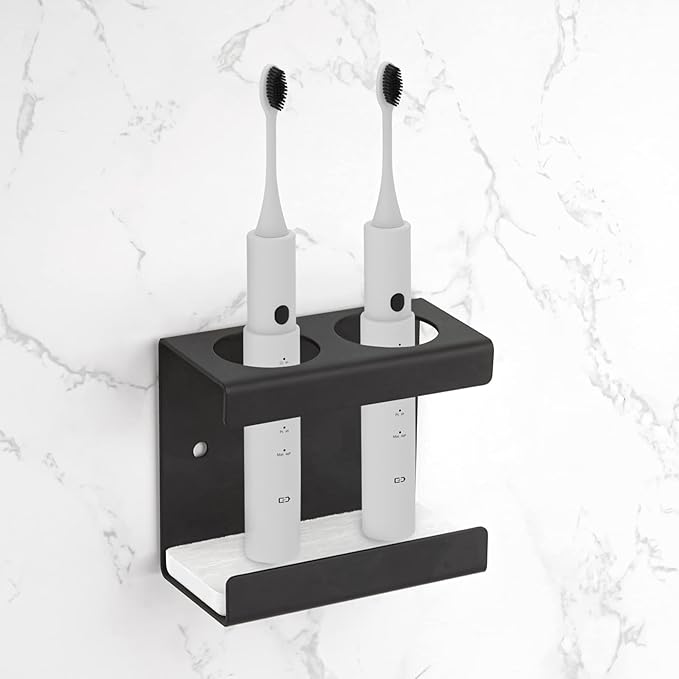 Electric Toothbrush Holder Wall Mounted, Toothbrush Stand with Diatomite Dish, Self Adhesive Storage Rack for Bathroom (Black)